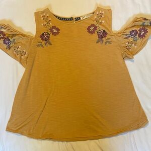 Jolt Mustard Cold-Shoulder Floral Embroidered Top